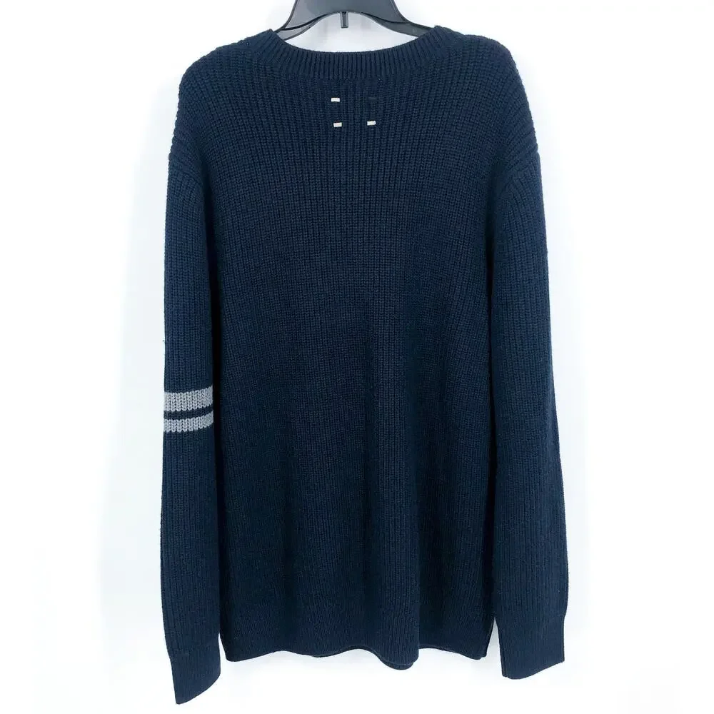 LABEL Men's Go-To Sweater Large Navy Blue Light Grey Crewneck Merino Wool NWT